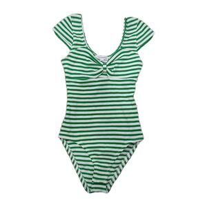 Coco + Jaimeson‎ Bodysuit Size S Green White Striped Cap Sleeve Front Tie Preppy